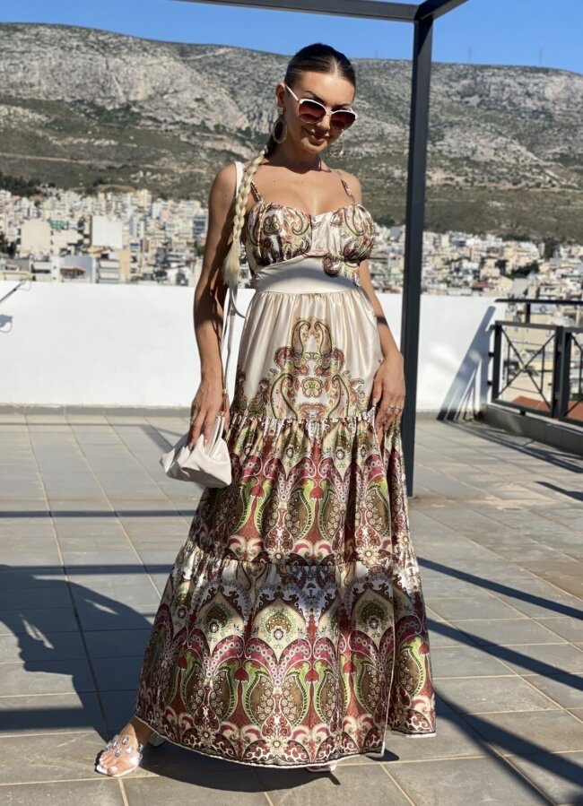 λαχούρ maxi φόρεμα τιράντα με σκίσιμο σατινέ - Μπεζ