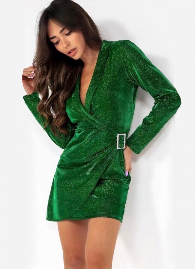 Lurex mini φόρεμα με κρουαζέ ντεκολτέ - Πράσινο