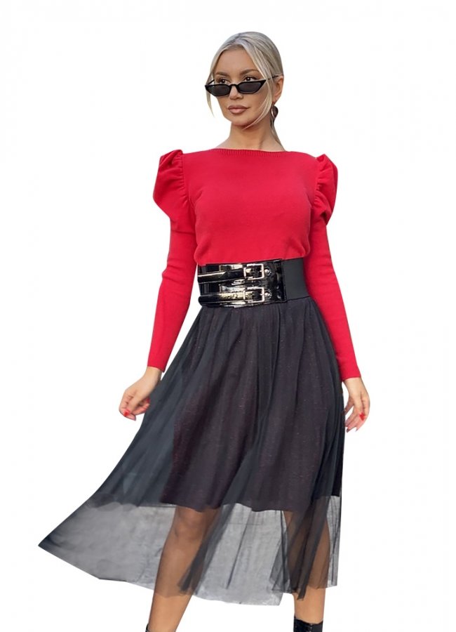 Lurex μιντι φούστα με τούλι - Κόκκινο