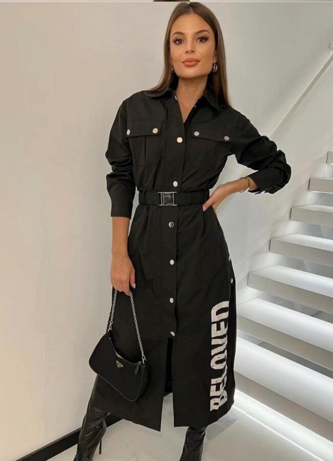 Maxi αδιάβροχο φόρεμα/πανωφόρι μεσάτο με ζώνη - Μαύρο