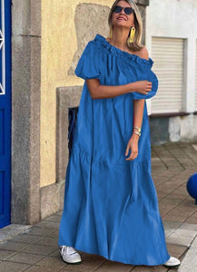 Maxi αέρινο balloon φόρεμα έξωμο με μανικάκια - Μπλε