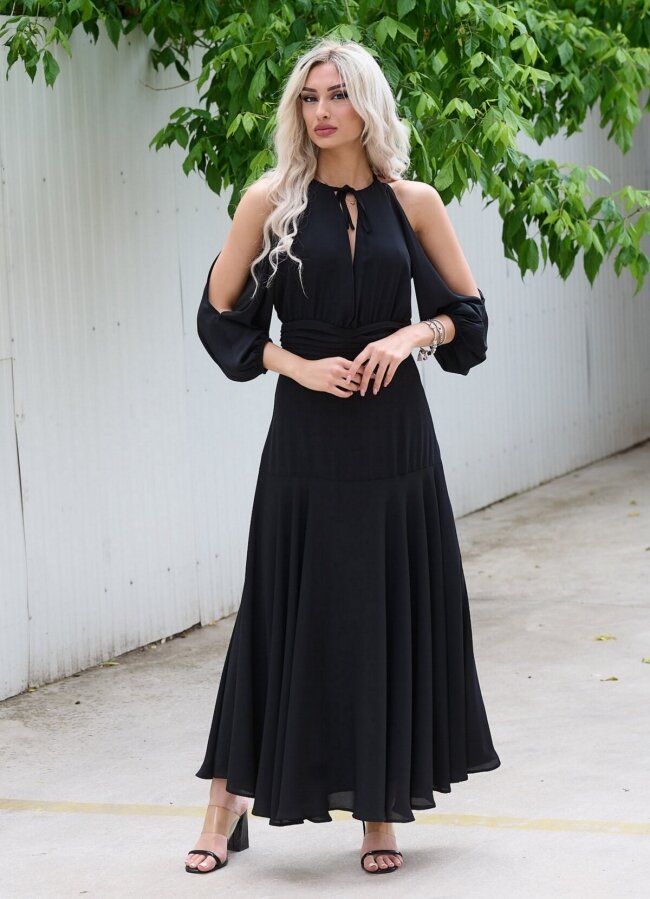 Maxi αέρινο φόρεμα με ανοιχτά μανίκια - Μαύρο