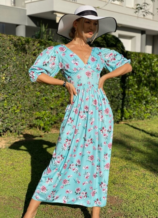 Maxi αέρινο φόρεμα με φουσκωτά μανίκια - Σιέλ floral