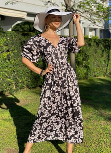 Maxi αέρινο φόρεμα με φουσκωτά μανίκια - Μαύρο floral