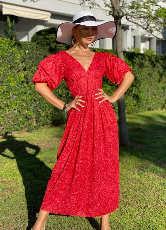 Maxi αέρινο φόρεμα με φουσκωτά μανίκια - Κόκκινο πουά