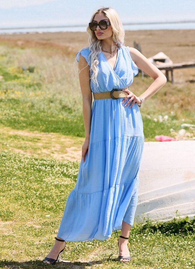 Maxi αέρινο φόρεμα με κρουαζέ ντεκολτέ και ζώνη - Γαλάζιο