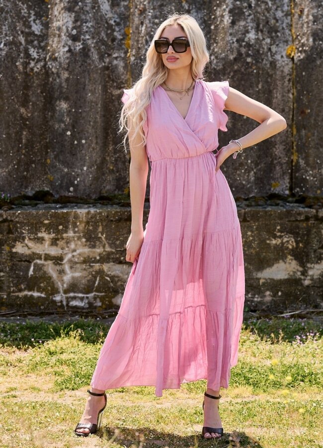 Maxi αέρινο φόρεμα με κρουαζέ ντεκολτέ και ζώνη - Ροζ