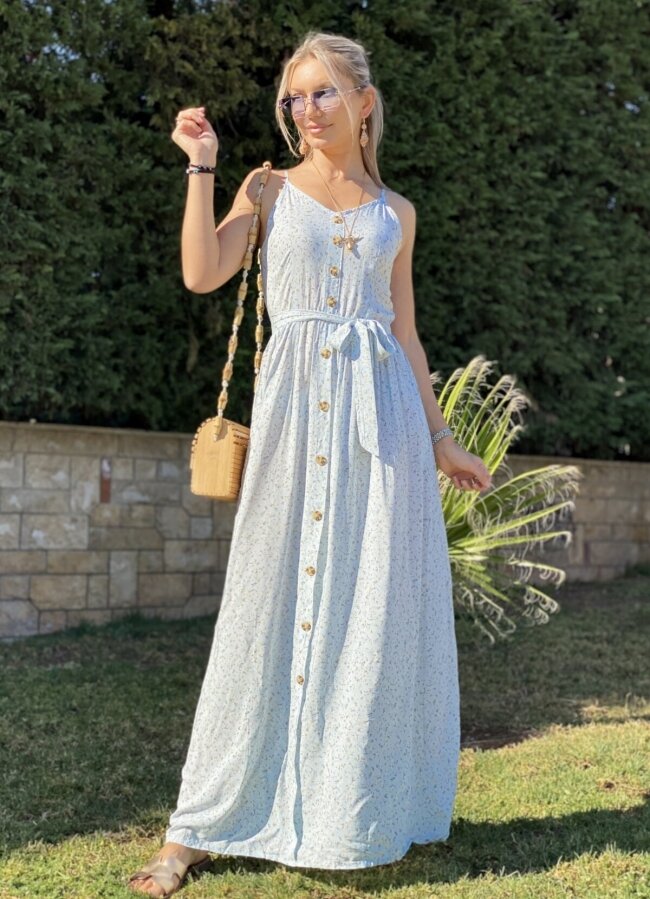 Maxi floral φόρεμα τιράντα με κουμπάκια - Γαλάζιο