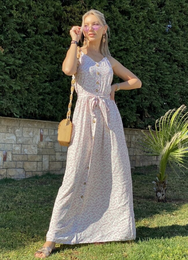 Maxi floral φόρεμα τιράντα με κουμπάκια - Εκρού