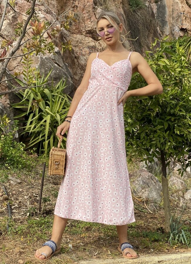 Maxi floral φόρεμα τιράντα με σκίσιμο - Ροζ