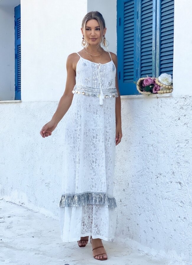 Maxi φόρεμα δαντέλα - Λευκό
