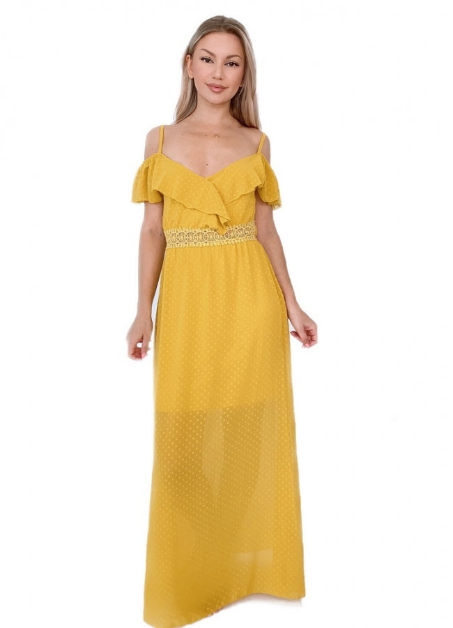 Maxi φόρεμα έξωμο με βολάν στο ντεκολτέ - Κίτρινο