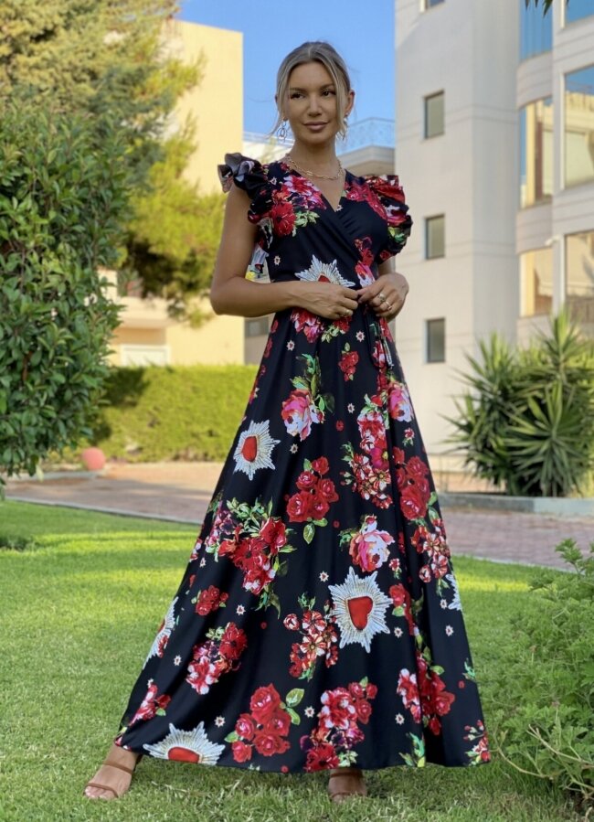 Maxi φόρεμα κρουαζέ με βολάν μανίκια - Μαύρο floral