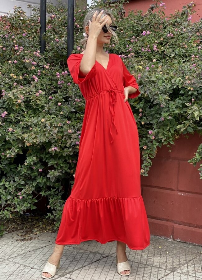 Maxi φόρεμα με φαρδιά μανίκια - Κόκκινο