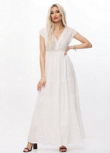 Maxi φόρεμα με κοφτή δαντέλα - Λευκό