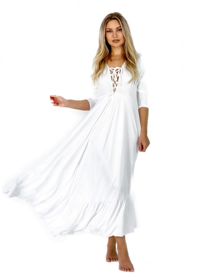 Maxi φόρεμα με κορδόνι στο μπούστο και βολάν στο τελείωμα - Λευκό