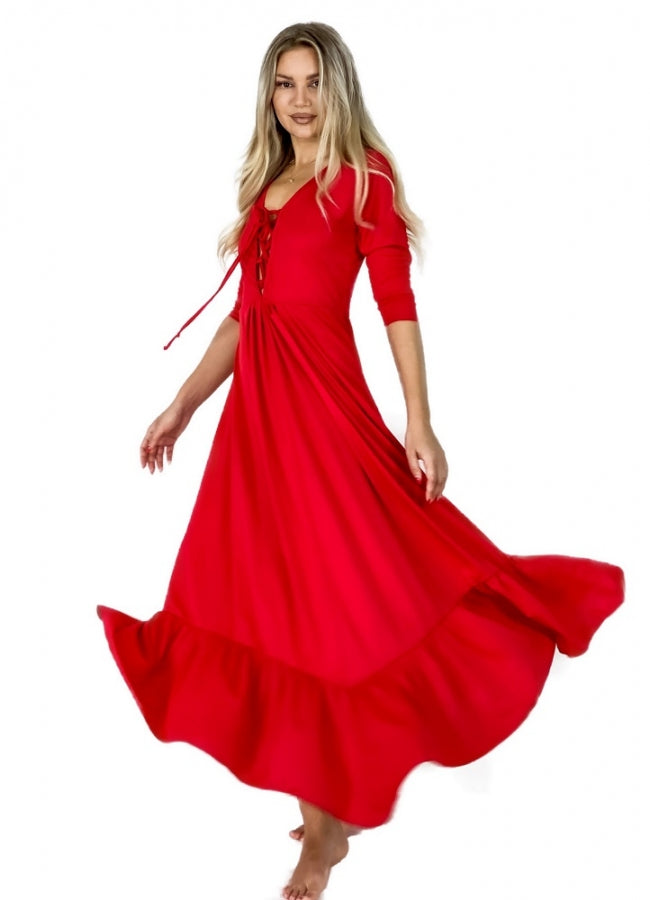 Maxi φόρεμα με κορδόνι στο μπούστο και βολάν στο τελείωμα - Κόκκινο
