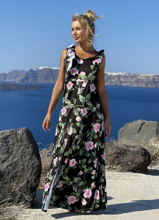 Maxi φόρεμα με σκίσιμο &amp; βολάν λεπτομέρειες - Μαύρο floral