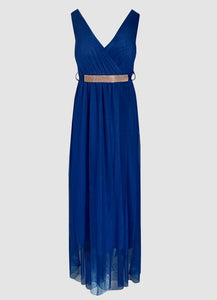 Maxi φόρεμα με τούλι &amp; ζώνη στρας - Μπλε