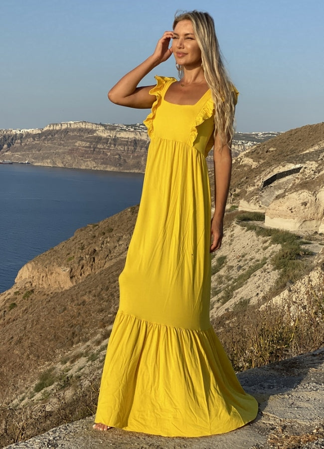 Maxi φόρεμα με βολάν λεπτομέρειες - Κίτρινο