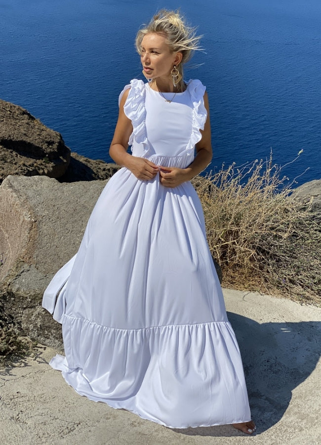 Maxi φόρεμα με βολάν μανίκι - Λευκό