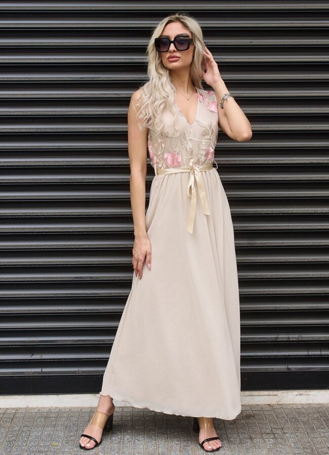 Maxi φόρεμα μουσελίνα με δαντέλα στο ντεκολτέ - Μπεζ