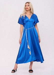 Maxi φόρεμα σατινέ με ζώνη - Μπλε