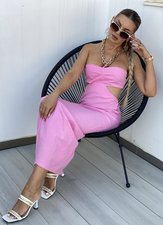 Maxi φόρεμα στράπλες με αλυσίδα στο λαιμό - Ροζ