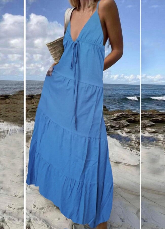 Maxi φόρεμα τιράντα αέρινο - Μπλε ραφ