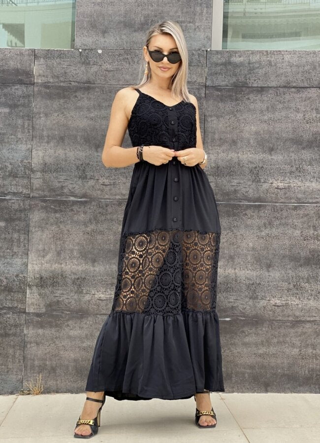 Maxi φόρεμα τιράντα με δαντέλα - Μαύρο