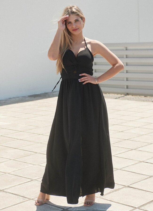 Maxi φόρεμα τιράντα με σκίσιμο - Μαύρο