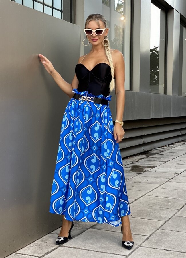 Maxi φούστα αέρινη με ζώνη σατινέ - Μπλε