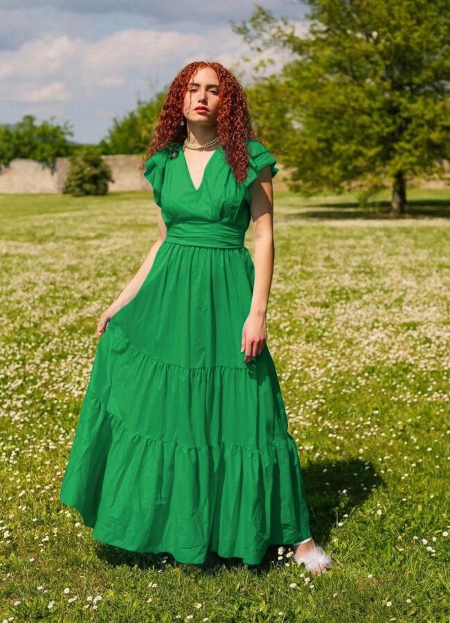 Maxi καμπαρντινέ φόρεμα με βολάν - Πράσινο