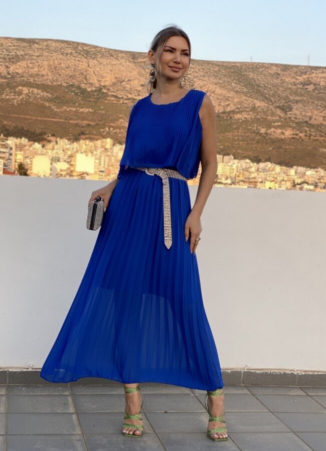 Maxi πλισέ φόρεμα αέρινο αμάνικο - Μπλε