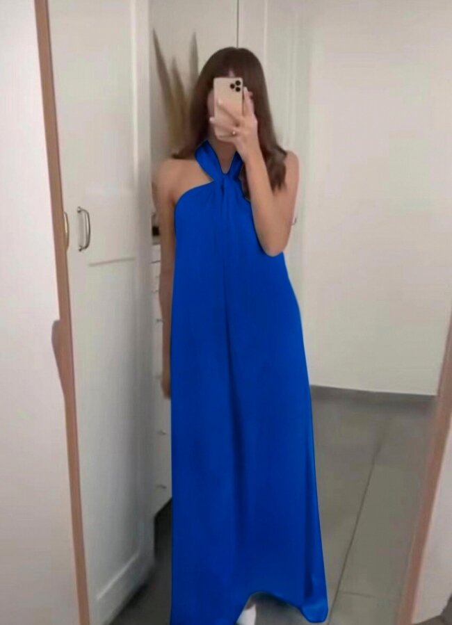 Maxi σατινέ φόρεμα αέρινο αμάνικο - Μπλε