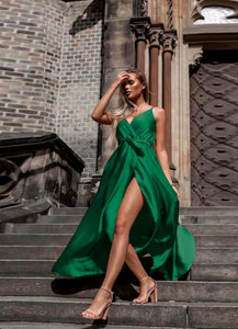 Maxi σατινέ φόρεμα τιράντα - Πράσινο
