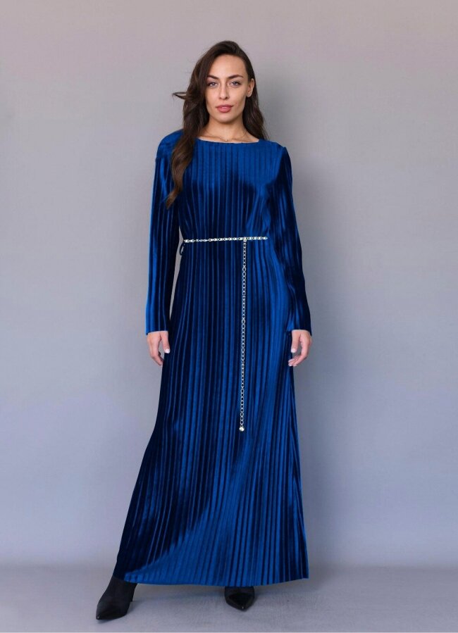 Maxi βελουτέ φόρεμα πλισέ με ζώνη αλυσίδα - Μπλε