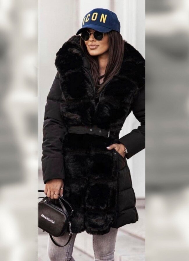 μεσάτο μακρύ μπουφάν με πλούσια γούνα περιμετρικά F/W 2022/23 - Μαύρο