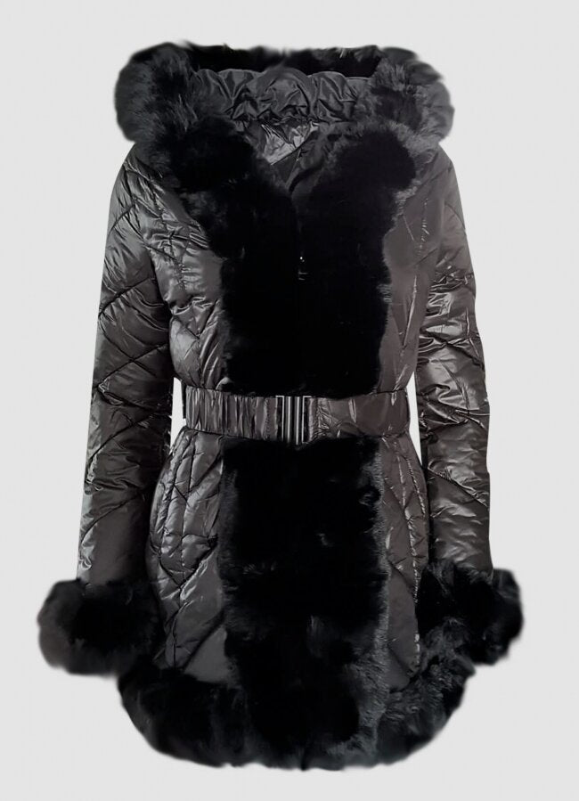 μεσάτο μπουφάν με ζώνη &amp; πλούσια γούνα εξωτερικά - Μαύρο
