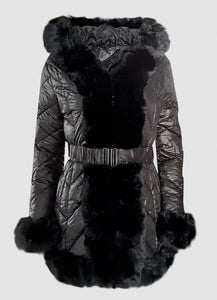 μεσάτο μπουφάν με ζώνη &amp; πλούσια γούνα εξωτερικά - Μαύρο