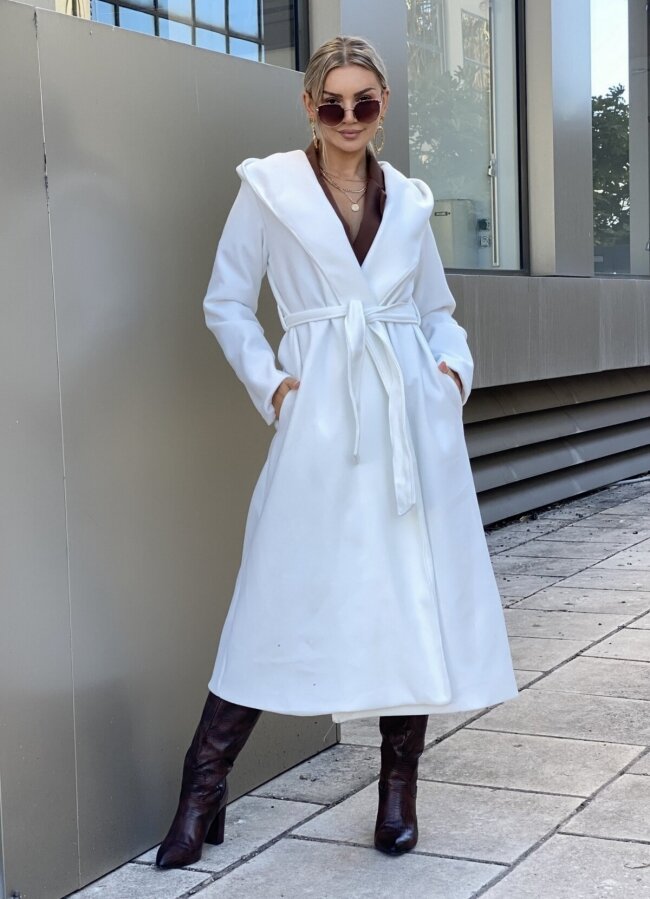 μεσάτο παλτό με ζώνη &amp; κουκούλα - Λευκό