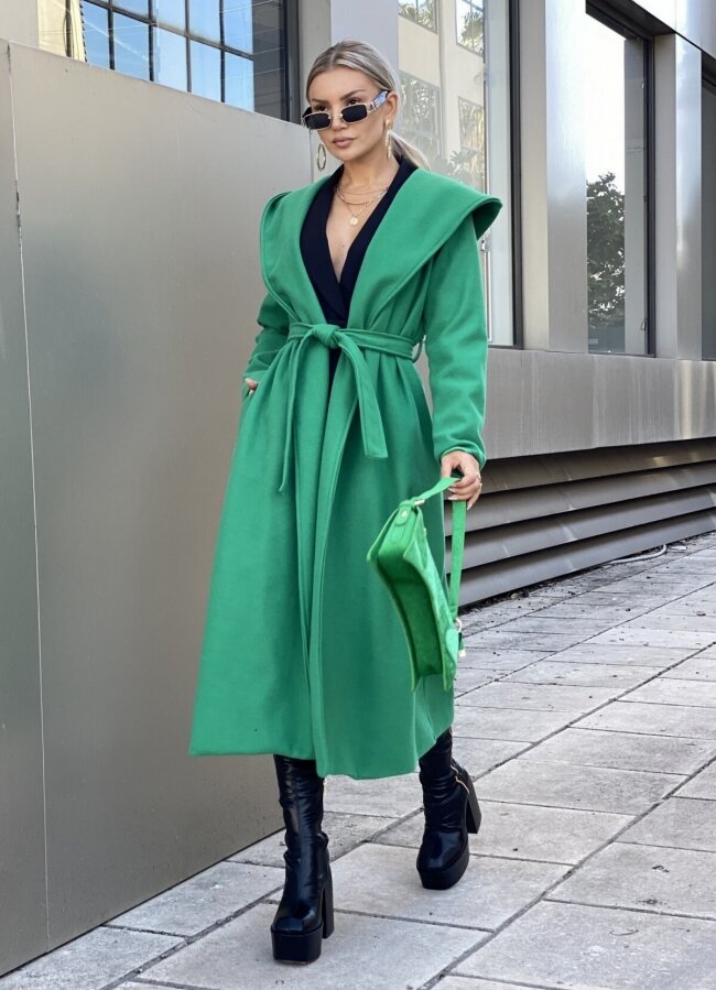 μεσάτο παλτό με ζώνη &amp; κουκούλα - Πράσινο