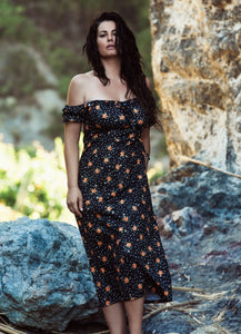 Midi έξωμο φόρεμα by Maria Korinthiou Collection - Μαύρο floral
