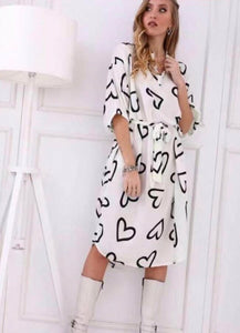 Midi φόρεμα με σχέδια και ζωνάκι - Λευκό