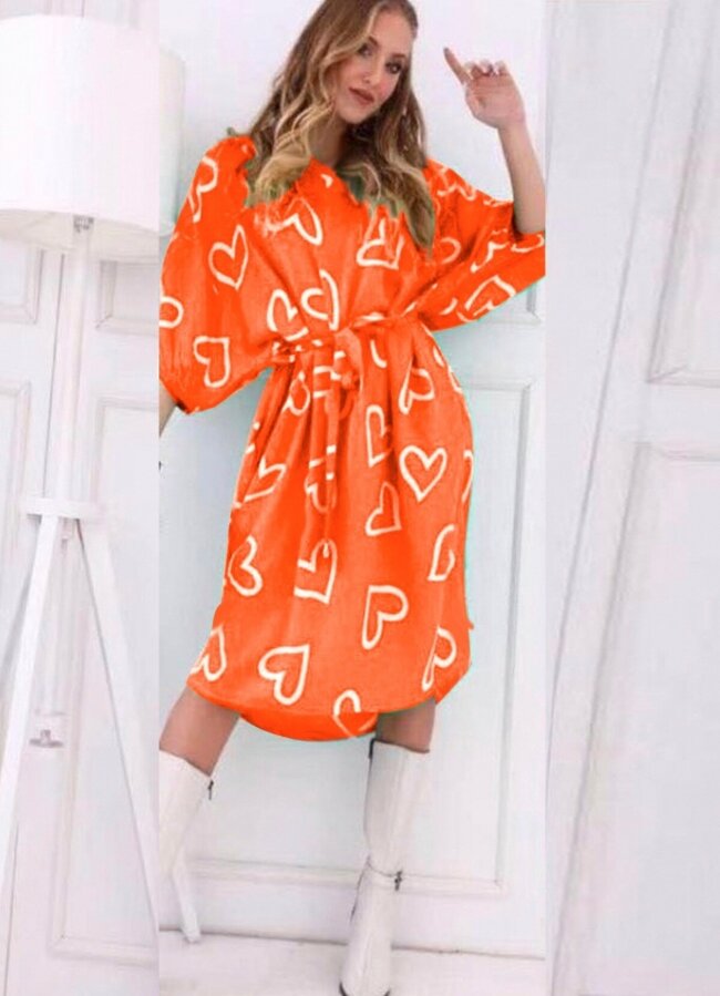 Midi φόρεμα με σχέδια και ζωνάκι - Πορτοκαλί