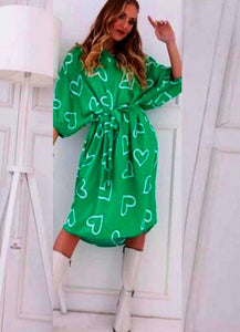 Midi φόρεμα με σχέδια και ζωνάκι - Πράσινο