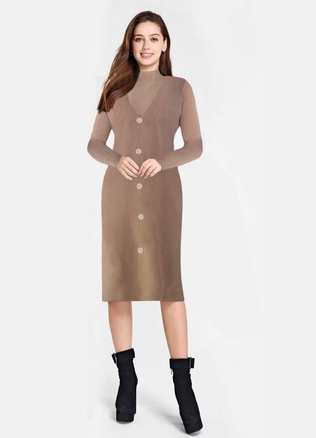 Midi πλεκτό φόρεμα αμάνικο με κουμπιά &amp; μπλούζα από μέσα - Μπεζ