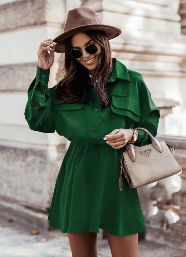 Mini αέρινο φόρεμα με κορδόνι στη μέση - Πράσινο
