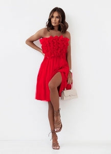 Mini φόρεμα strapless με τούλι - Kόκκινο