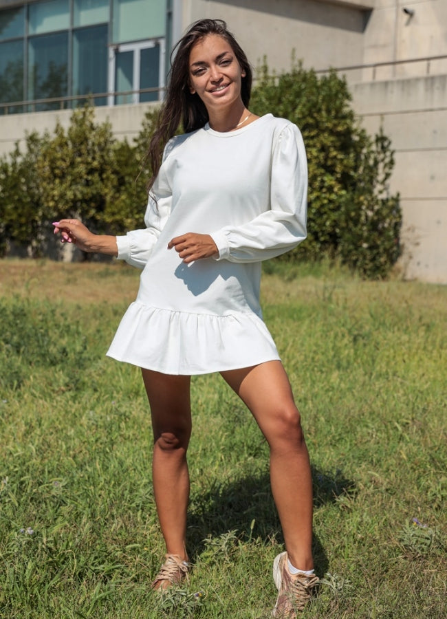 Mini φούτερ μπλουζοφόρεμα με βολάν στο τελείωμα - Λευκό